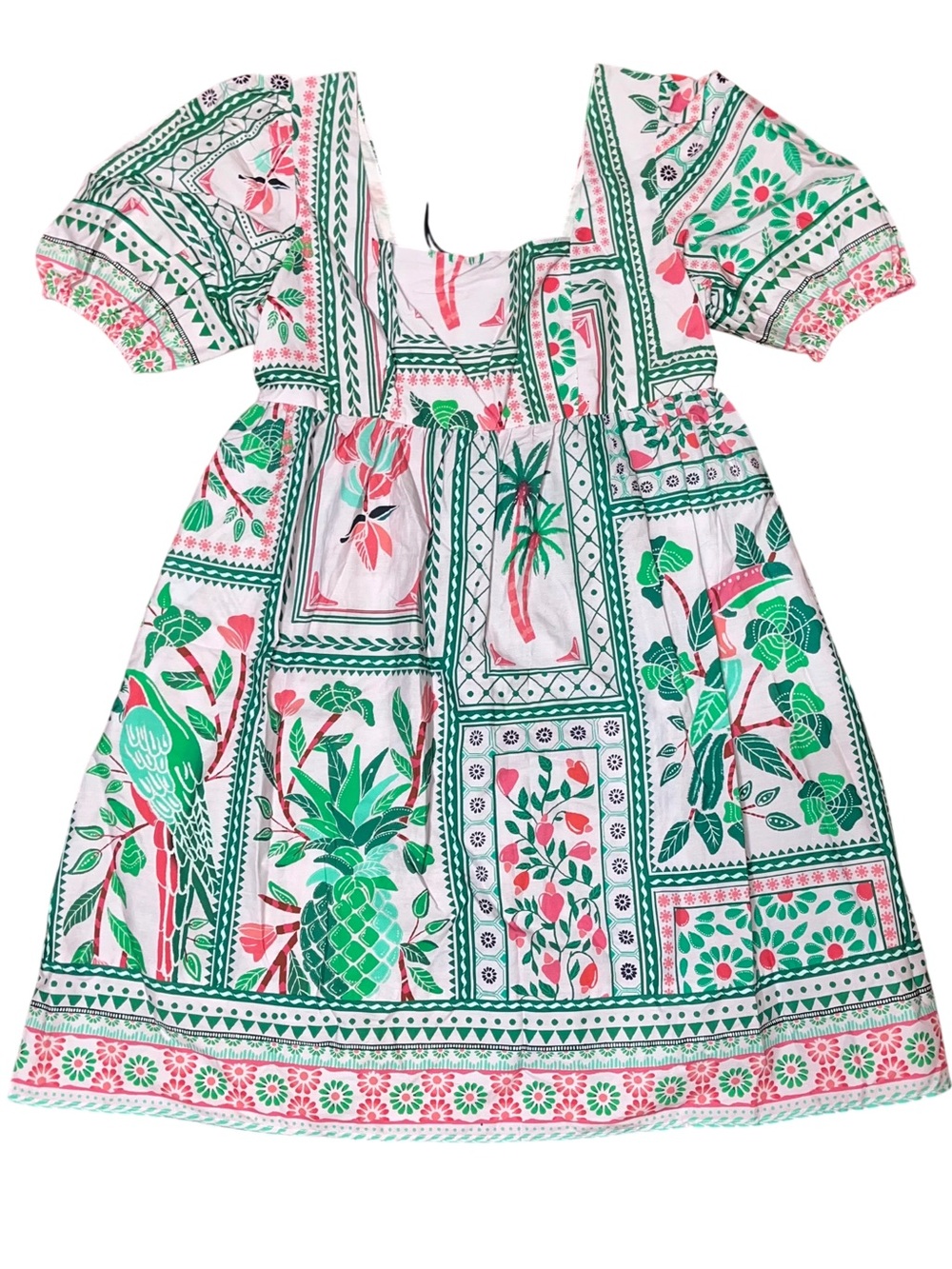 Celina Moon White Pink Green Dress Flare Knee Length Small NWT Palm Floral